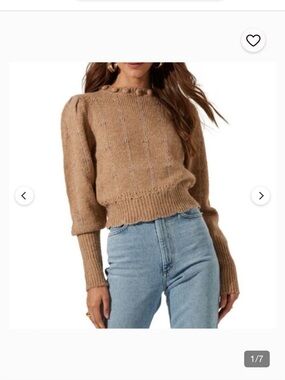 Astr Camel Ribbed Crewneck Sweater with Balloon Sleeves